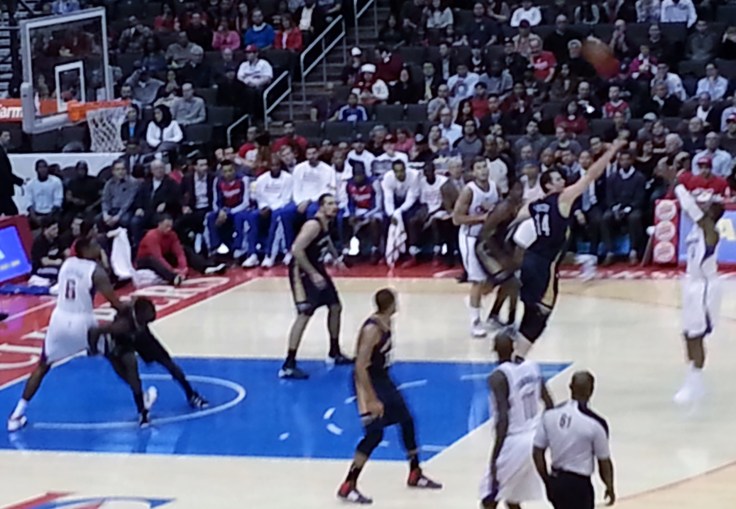 Clippers center DeAndre Jordan (#6 far left) fights for rebounding position during Wednesday's 108-95 Clippers win over the New Orleans Pelicans.
