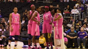 The L.A. Sparks wore pink uniforms in Monday's 77-73 win over Indiana at Staples Center for Breast Cancer Awareness Night.